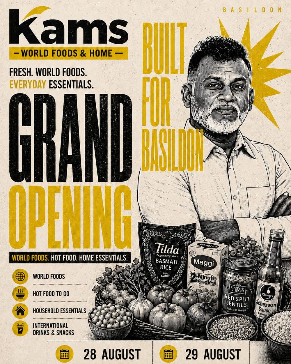 Kams World Foods & Home grand opening poster